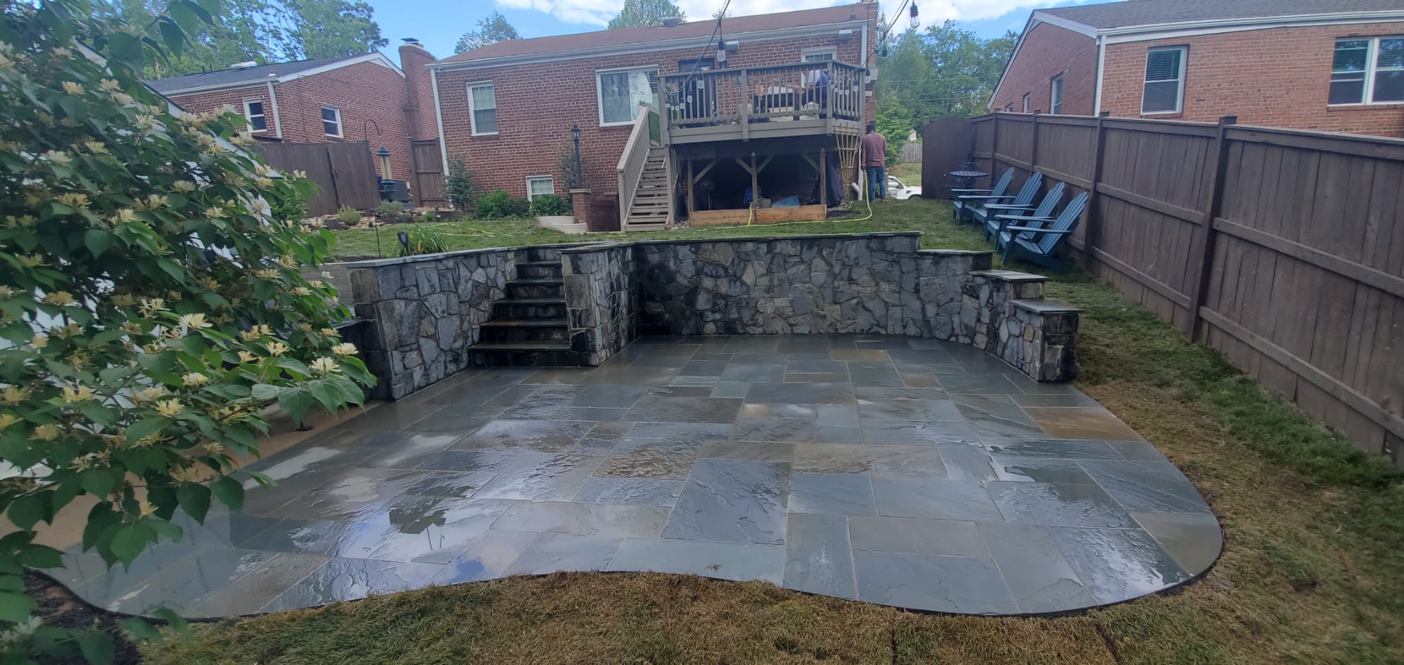 Flagstone patio with retaining walls